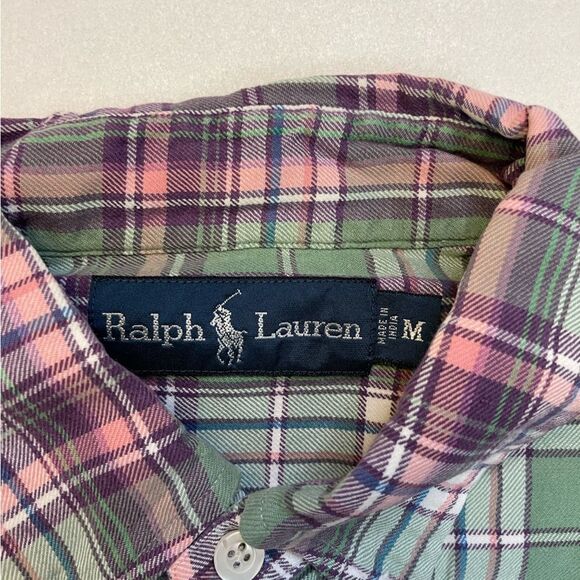 Polo Ralph Lauren Button Up Shirt Men Medium Pink Green Long Sleeve Pockets - Picture 4 of 5